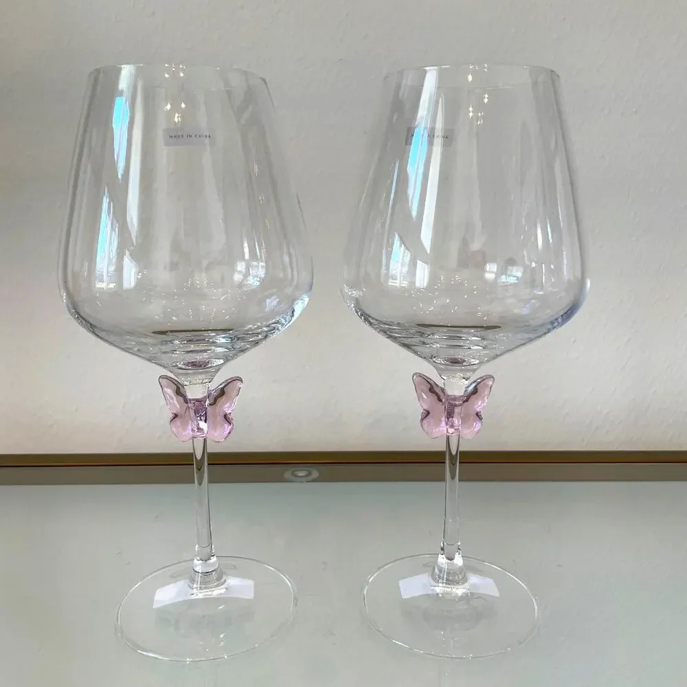 NEW Godinger Pink Butterfly Wine Glass Set of 2 Chic Barware